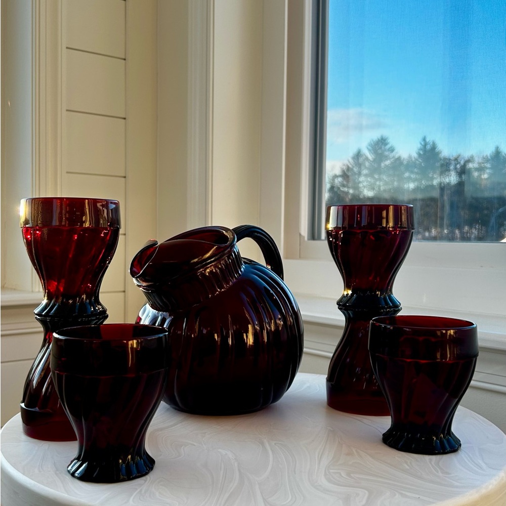 1940-1950s 7 Piece Anchor Hocking Royal Ruby Red Pitcher & Glasses Tumbler Set